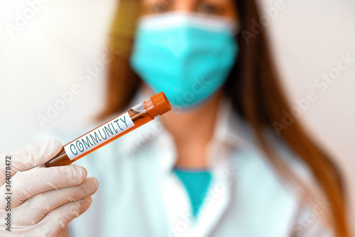 Conceptual hand writing showing Community. Concept meaning group of showing with a common characteristics living together Laboratory blood test sample for medical diagnostic analysis photo