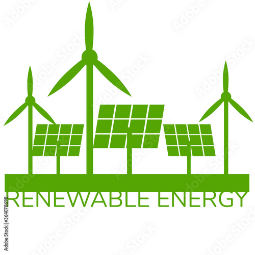 Renewable energy banner. wind turbine and solar panel in green.