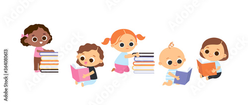 Set of 4 four babies sitting reading books. Children and babies with books.