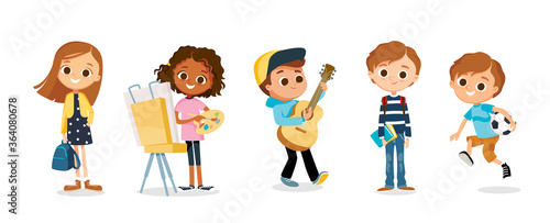 Set of 5 five kid / child cartoon characters performing different activities, music, art, sport. Children's hobbies and activities.