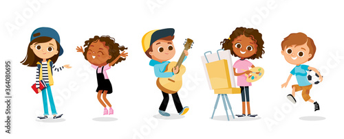 Set of 5 five kid / child cartoon characters performing different activities, music, art, sport. Children's hobbies and activities.
