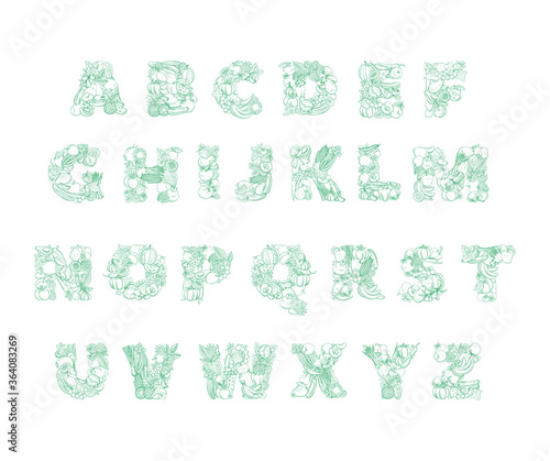 Letters lettering pattern logo of groceries organic farm fresh fruits and vegetables.