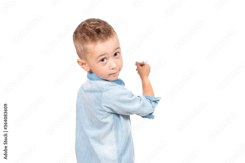 Back View of Little Boy Drawing with Pencil isolated on white background Back View of Little Boy Drawing with Pencil isolated on white background
