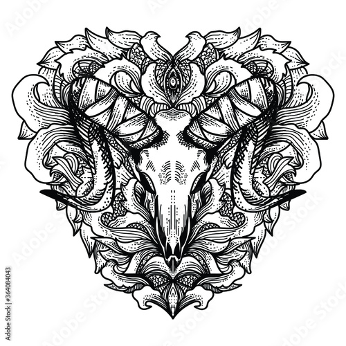 tattoo and t-shirt design black and white hand drawn goat skull engraving ornament premium vector