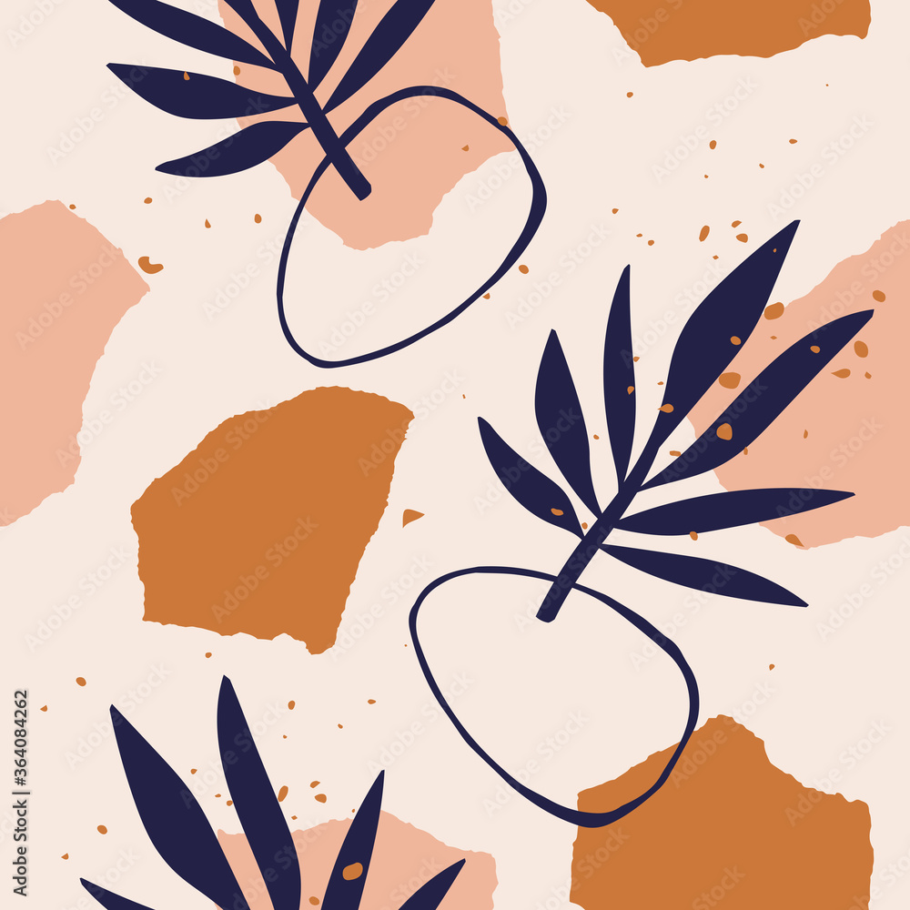 Fototapeta Abstract aesthetic seamless pattern with leaves, torn paper pieces and graphic elements. Vector illustration