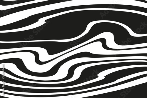 Digital image with a psychedelic stripes. Vector illustration. Texture with wavy, curves lines. Optical art background. Wave design black and white. 