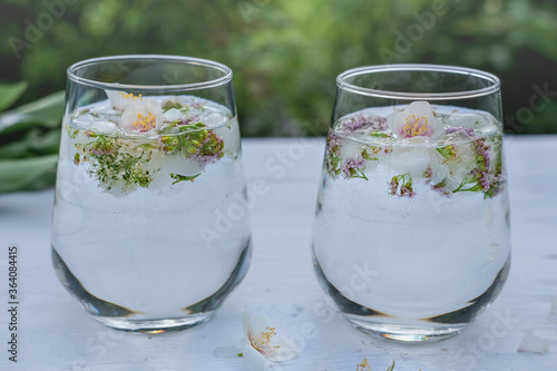 summer drinks on a garden table. two glasses with floral infused water. flower ice cubes in a glasses. tonic water for cool and refresh. transparent lemonade  photo