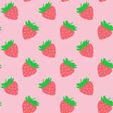 Seamless pattern with red strawberries on pink board. Tasty berry, sweet food illustration. Summer theme. Beautiful print for textile, greeting cards, wrapping paper, decor and design. Jpg file