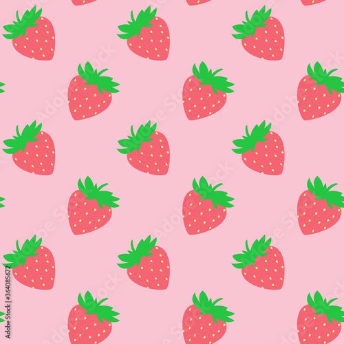 Fototapeta Naklejka Na Ścianę i Meble -  Seamless pattern with red strawberries on pink board. Tasty berry, sweet food illustration. Summer theme. Beautiful print for textile, greeting cards, wrapping paper, decor and design. Jpg file