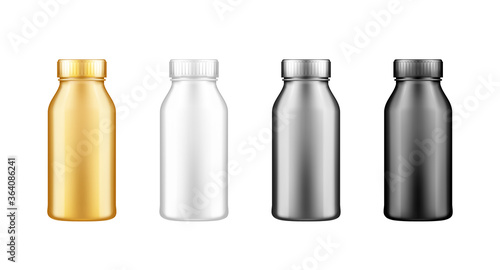 Yogurt, milk, juice or shampoo bottle with lid mockup set. Plastic package design. Blank white, silver, gold, black food, cosmetic or detergent product. Container template. 3d vector illustration
