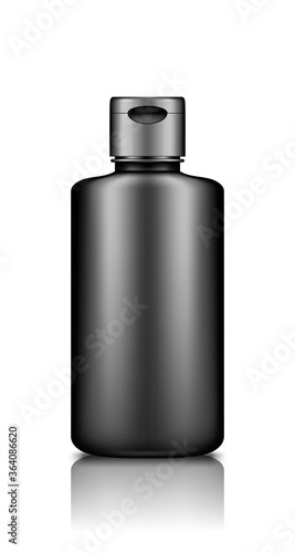 Liquid detergent, bleach black bottle mockup isolated on white background. Plastic package design. Blank product container template: sanitizer, shampoo, laundry, stain remover. 3d vector illustration