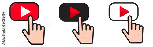 Button video player with finger click button. Social media web button, channel video content. Vector illustration. EPS 10 photo