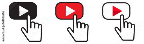 Button video player with finger click button. Social media web button, channel video content. Vector illustration. EPS 10