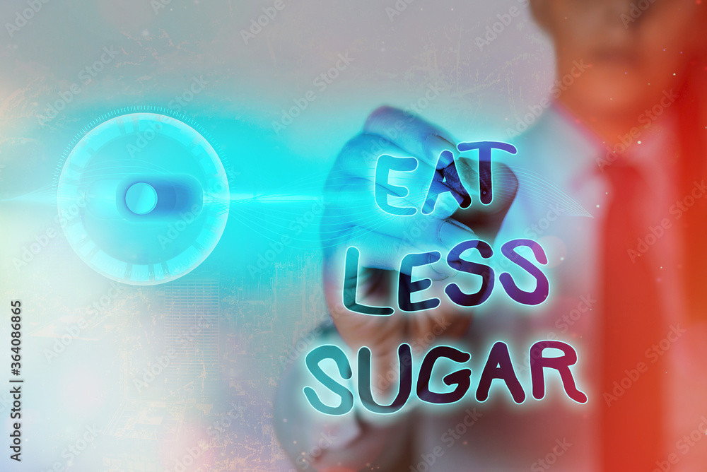 Writing note showing Eat Less Sugar. Business concept for reducing ...