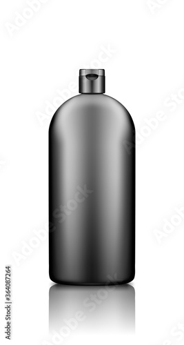 Liquid dishwashing detergent, fabric softener black plastic bottle mockup with cap lid. Washing machine bleach and laundry package. Blank hygiene, housekeeping product template. 3d vector illustration