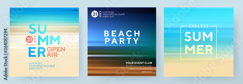 Summer backgrounds set. Creative posters or banners design with gradients in summer colors. Ocean horizon, golden sunny sea beach, summer sunset and night. Trendy design for sale, social media, web