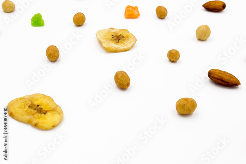 mix of different nuts  on white background, Flat lay