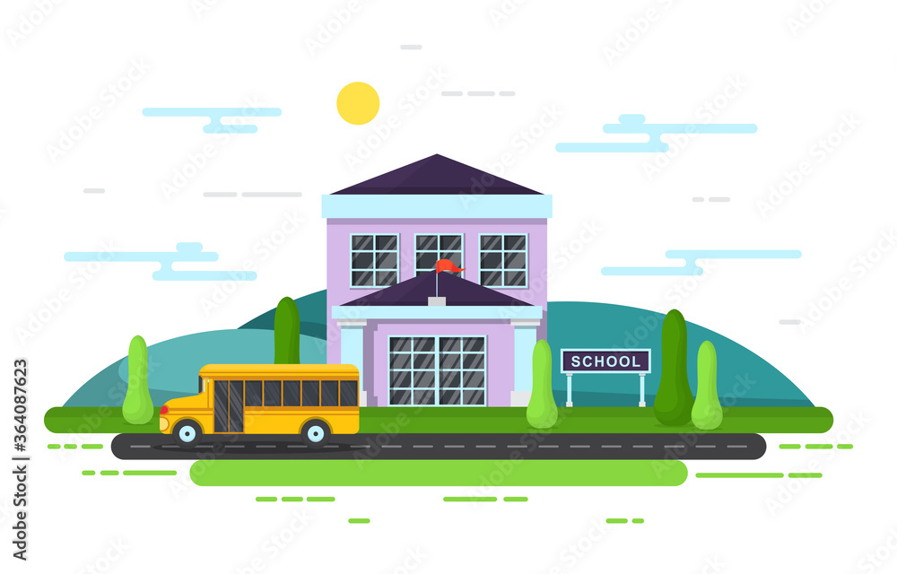 School Education Building Bus Outdoor Landscape Cartoon Illustration