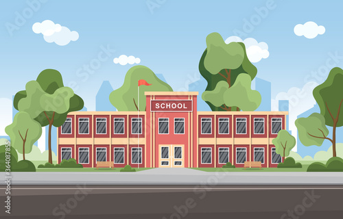 School Education Building Street Outdoor Landscape Cartoon Illustration