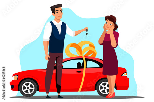 Vector character illustration of surprise gives gift scene