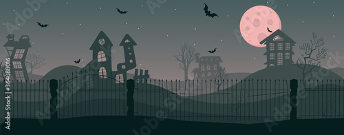 Panoramic image of dilapidated decayed houses in an old park. Bloody full moon on the eve of All Saints Day. Concept and banner for Halloween. scary night landscape