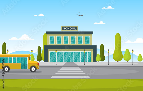 School Education Building Bus Outdoor Landscape Cartoon Illustration