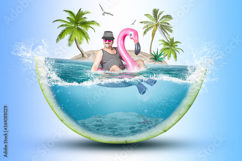 Cheerful man in a striped suit swim
in flamingo rubber ring against the background of an island .Collage.