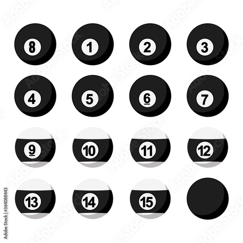 Black And White Billiard Balls Collection Isolated On White Background. Billiard Balls Symbol Modern, Simple, Vector, Icon For Website Design, Mobile App, UI. Vector Illustration