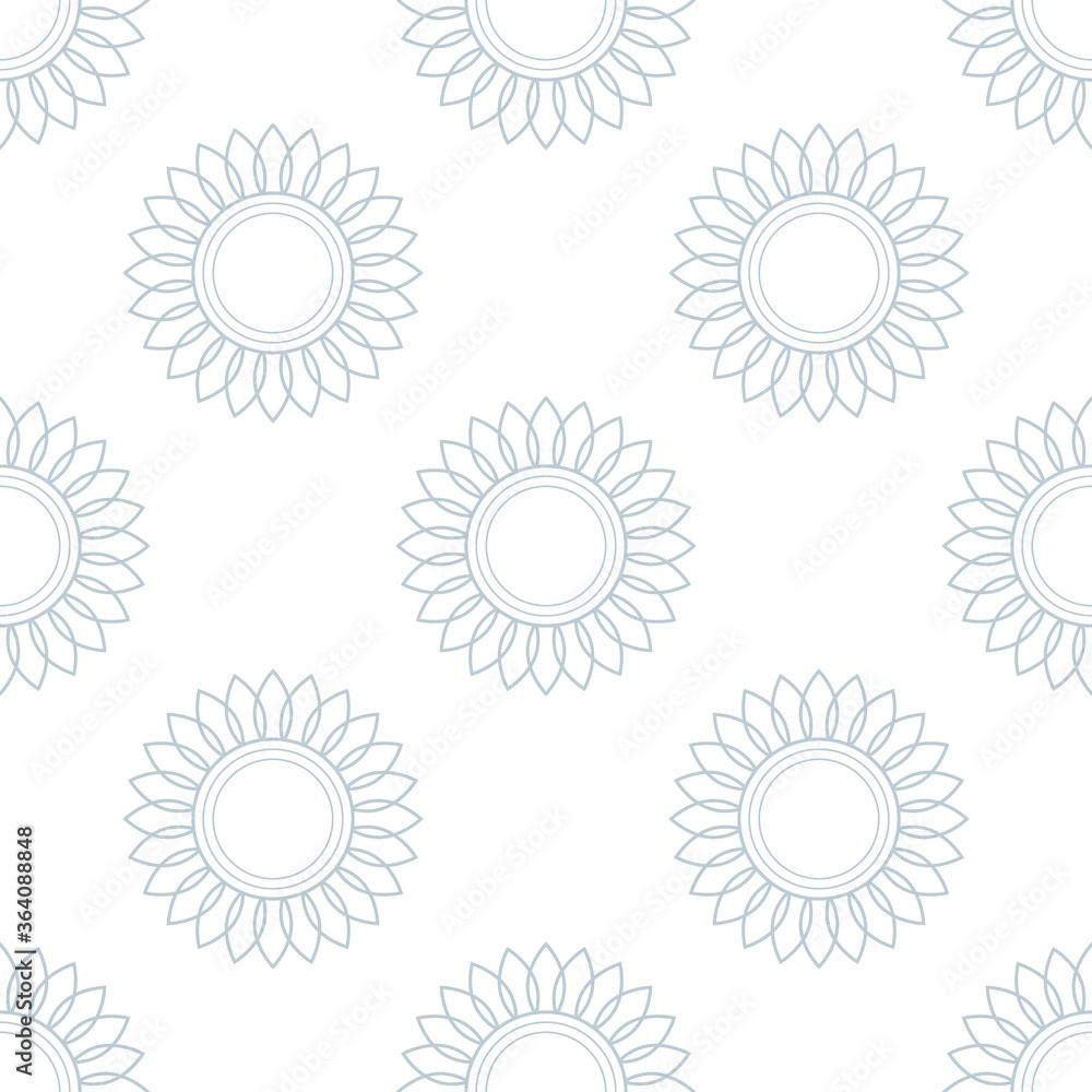 Sunflowers. Vector seamless pattern. Simple style. The gray outline of elements on a white background. For backdrops decoration, banners, textiles, paper, fabrics, prints, and more creatives designs. Sunflowers. Vector seamless pattern. Simple style. The gray outline of elements on a white background. For backdrops decoration, banners, textiles, paper, fabrics, prints, and more creatives designs.