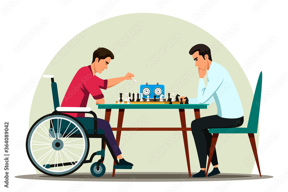 Disabled man in wheelchair plays chess with friend