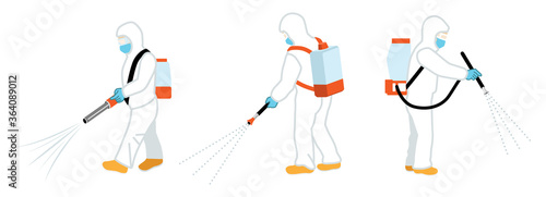 Three cleaning worker disinfecting virus - white background