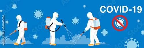 Three cleaning worker disinfecting virus