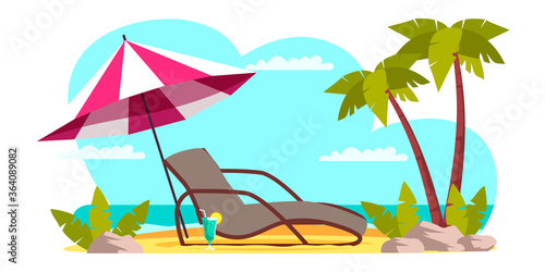 Seaside vacation flat vector illustration. Empty beach with umbrella  sun lounger on hot sand. Traveling in exotic  island  country. Tropical paradise with turquoise ocean waves and palm trees.
