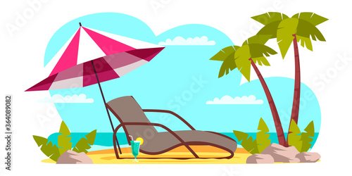 Seaside vacation flat vector illustration. Empty beach with umbrella, sun lounger on hot sand. Traveling in exotic, island, country. Tropical paradise with turquoise ocean waves and palm trees.