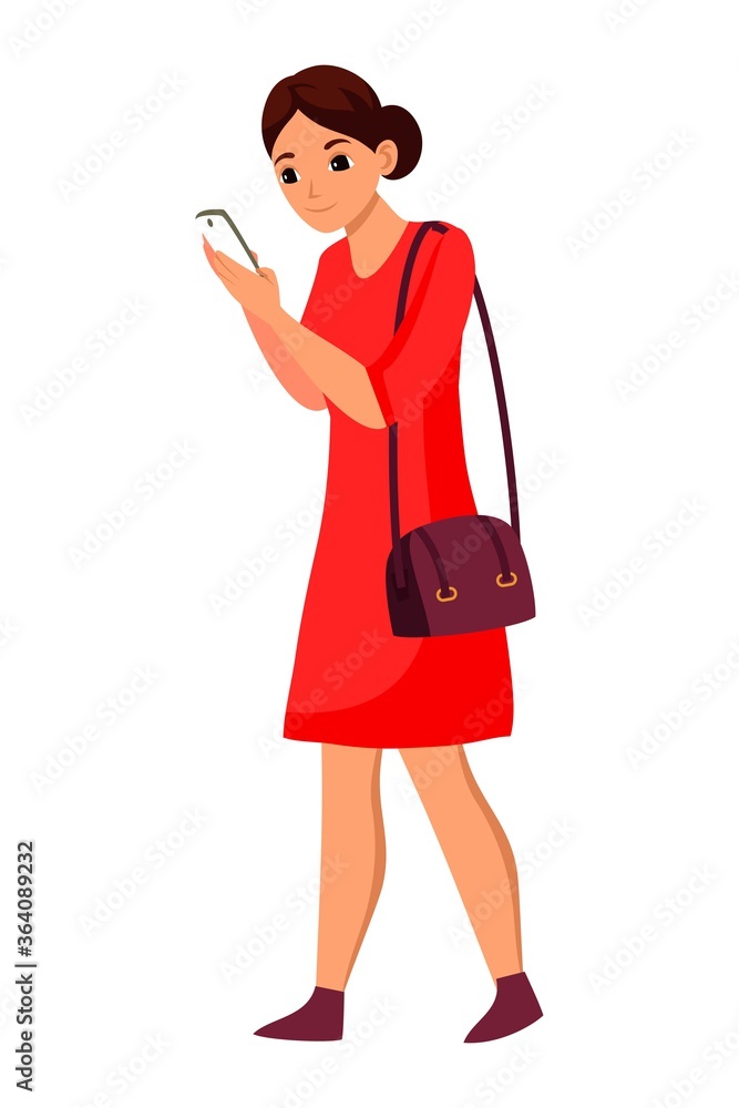 Woman looking at phone walking on city street Woman looking at phone walking on city street