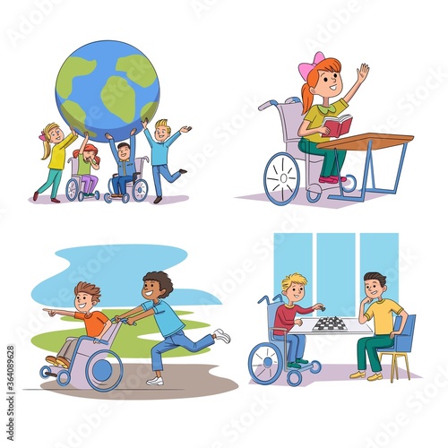Children with disability daily routine scene set