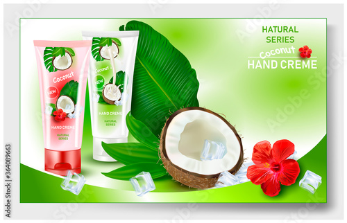 3d.Coconut cream for hands and face.Cosmetic tube, packaging for cream for hands, face, body with a colored cap. Realistic vector image.