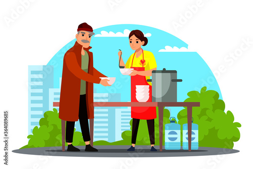 Vector woman volunteer feeding homeless person