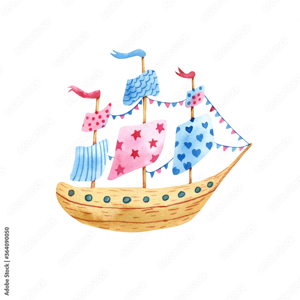Old fairy sailing ship decorated with flags and garlands. Watercolor illustration isolated on white background. Great for kids design.