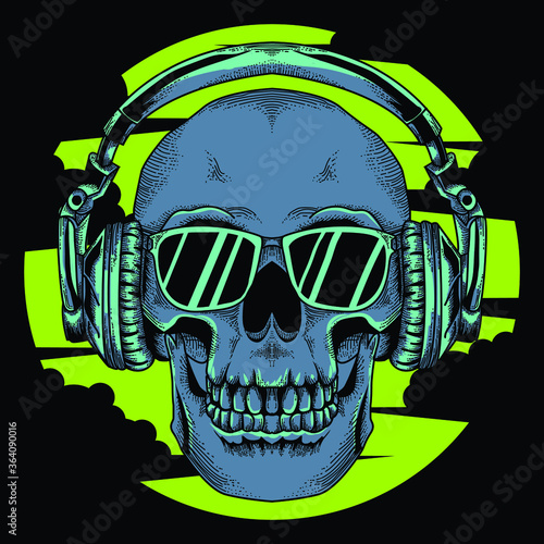 tattoo and t-shirt design black and white hand drawn skull with black glasses and headphone premium vector