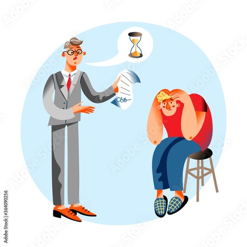 Lender talks about deadline, sad bank client clasping head