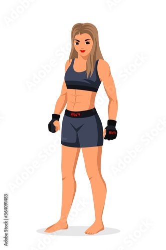 Vector mixed martial arts woman wrestler wearing sportswear standing isolated on white background. Caucasian sportswoman. Boxing champion fighter character.