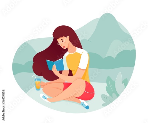 Vector woman enjoy reading on nature on picnic