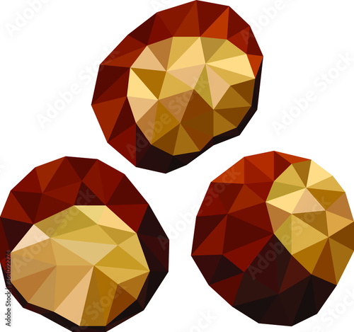 Low poly chestnuts, three autumn chestnuts drawn by triangles