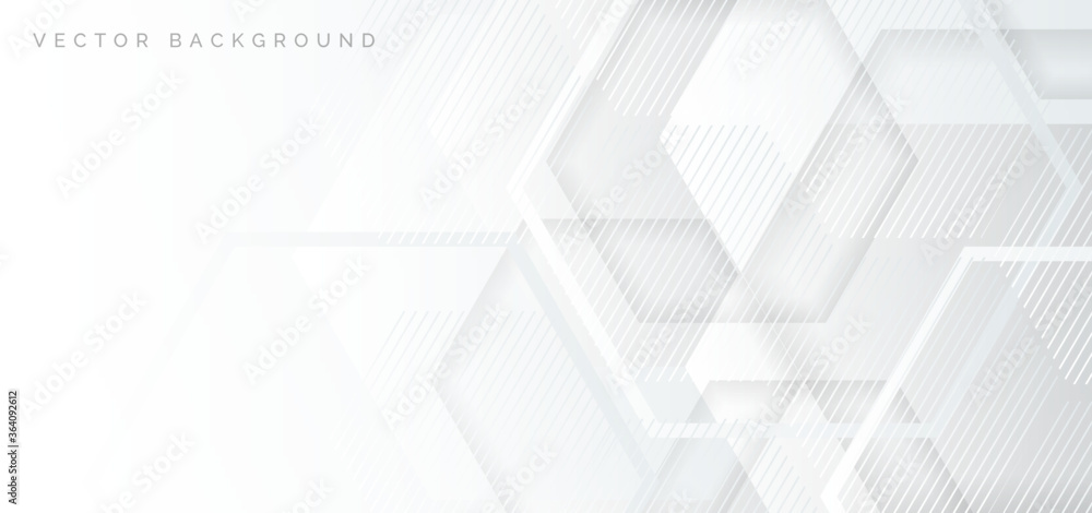 Abstract banner web white and gray geometric hexagon overlapping technology corporate concept background with space for your text.