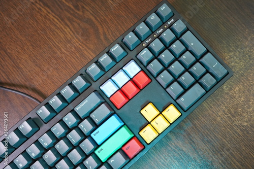 Close up shot of a clean mechanical keyboard on brown desk photo