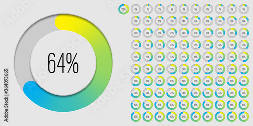 Set of circle percentage diagrams meters from 0 to 100 ready-to-use for web design, user interface UI or infographic with 3D concept - indicator with gradient from yellow to cyan blue