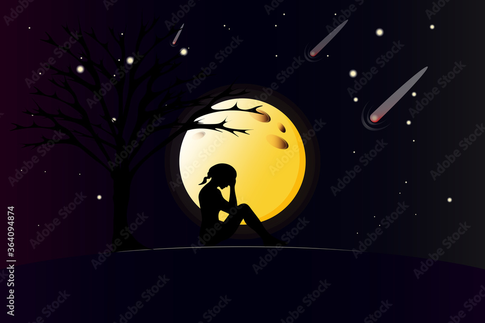 Girl at night on the background of the moon and stars. vector illustration Girl at night on the background of the moon and stars. vector illustration