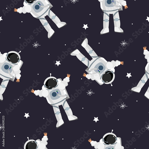 Seamless vector pattern with cosmonaut and stars.