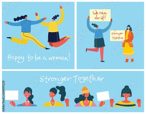 Stronger together. Feminine concept and woman empowerment design for banners and posters in flat design